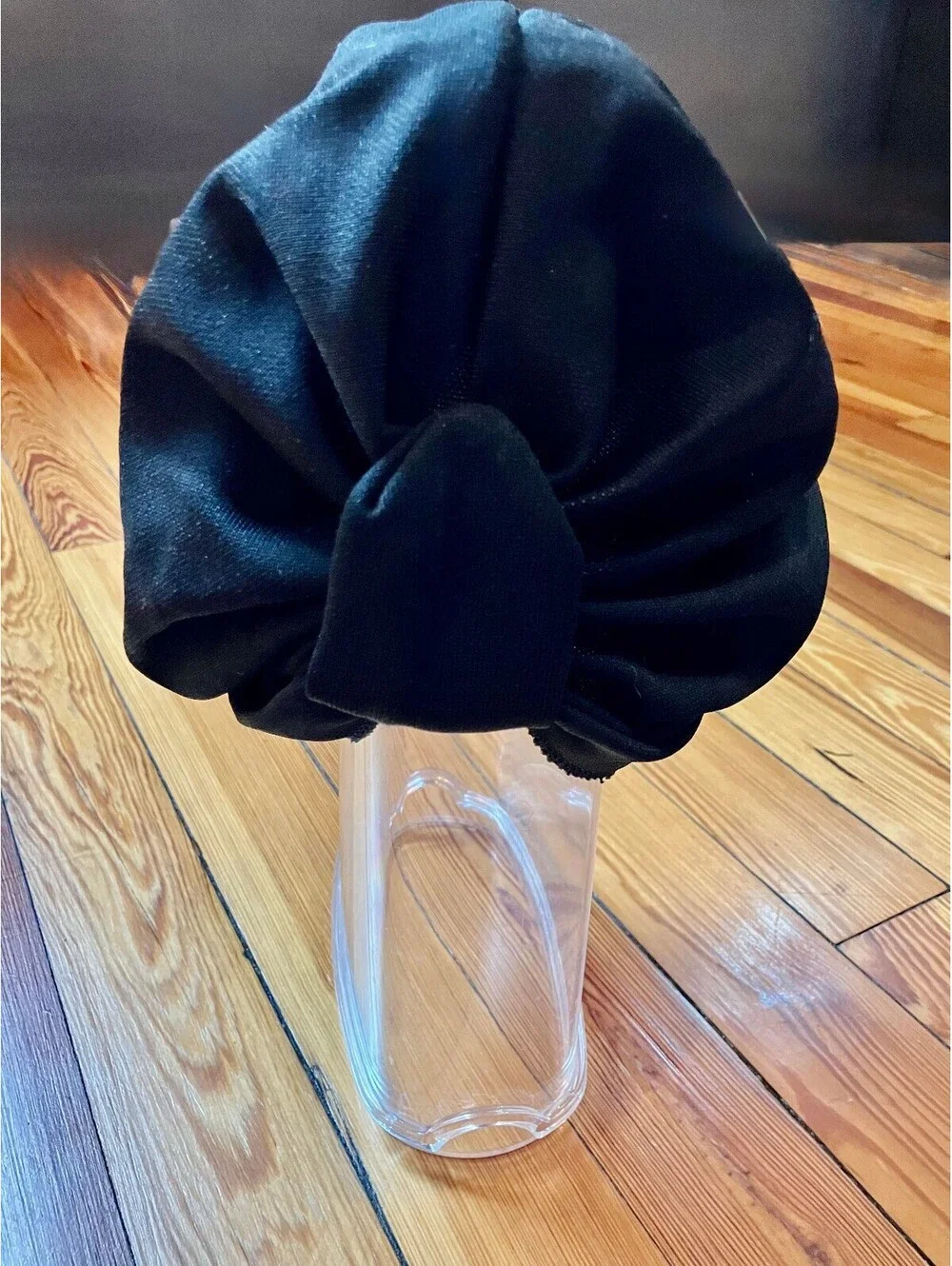 Vintage Black Knit Turban Hat Twisted Knot Front Gathered Crown 40s 70s Style